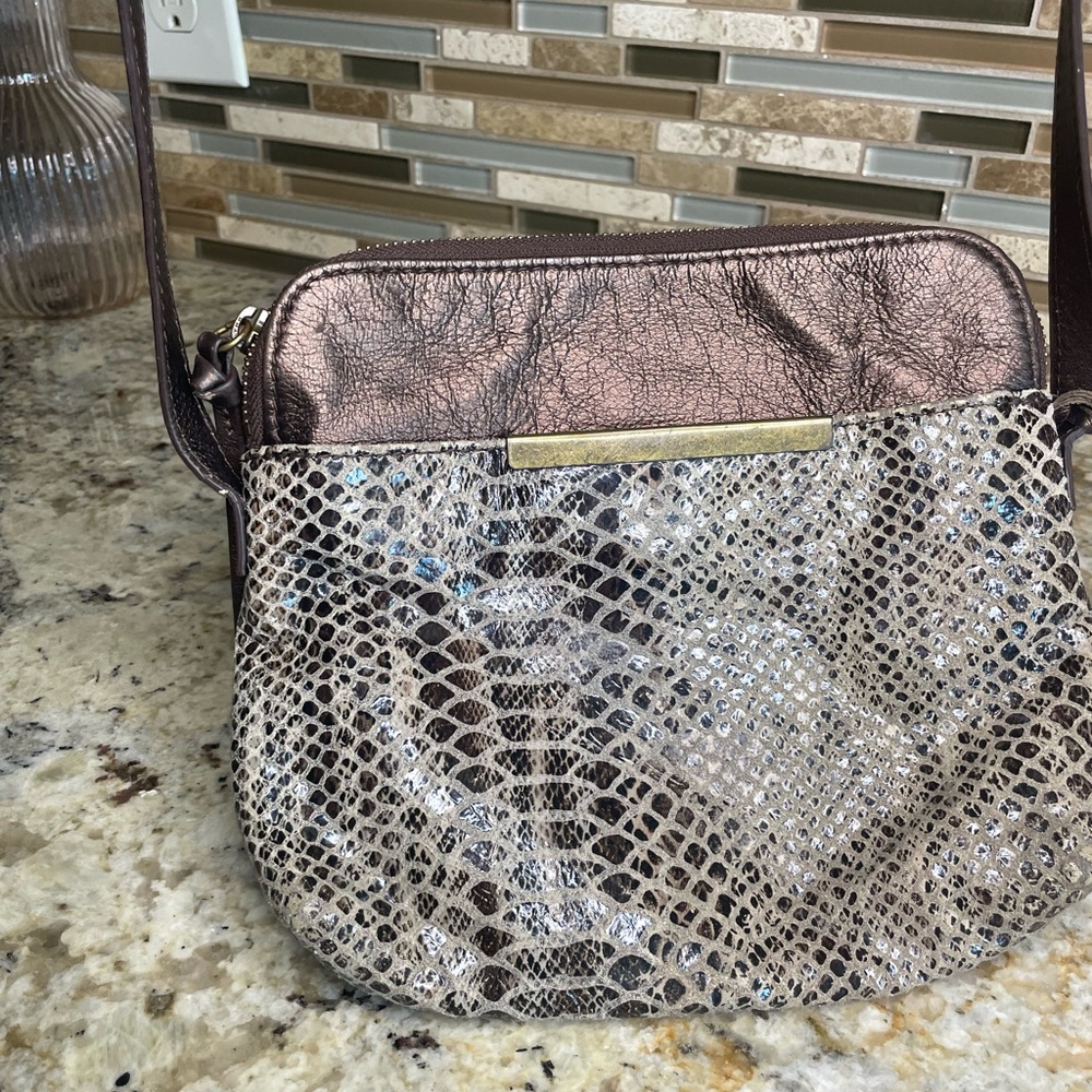 The Sak Silver and Brown Crossbody Bag with Snakeskin Pattern